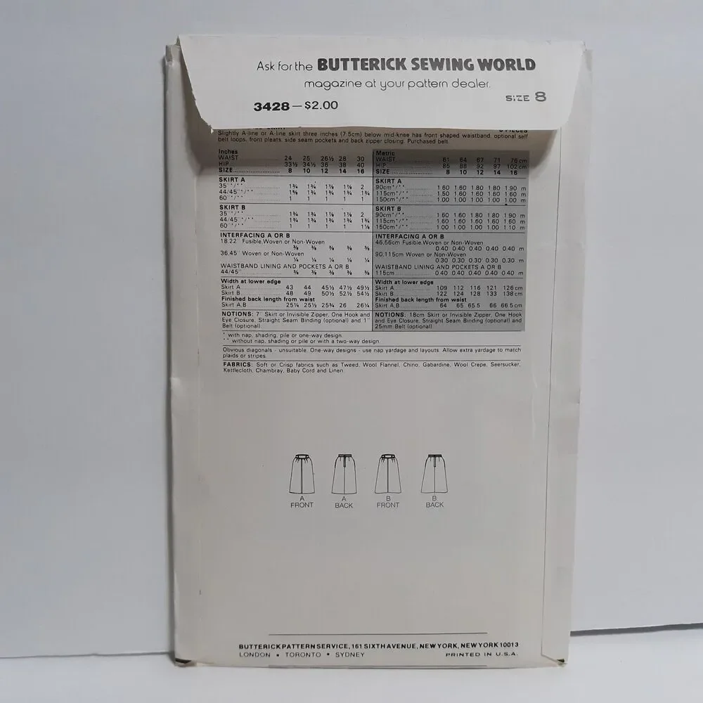 Vintage Butterick 3428 Sewing Pattern NEW Womens A-Line Skirt Size 8 Belt Loops
